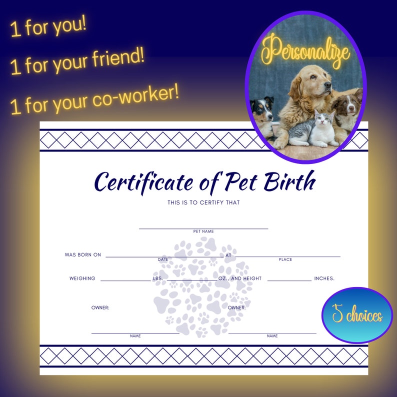 PRINTABLE Pet Birth Certificate, 5 Certificates for Dog's/cat's Record of Birth Print, Fill in ...