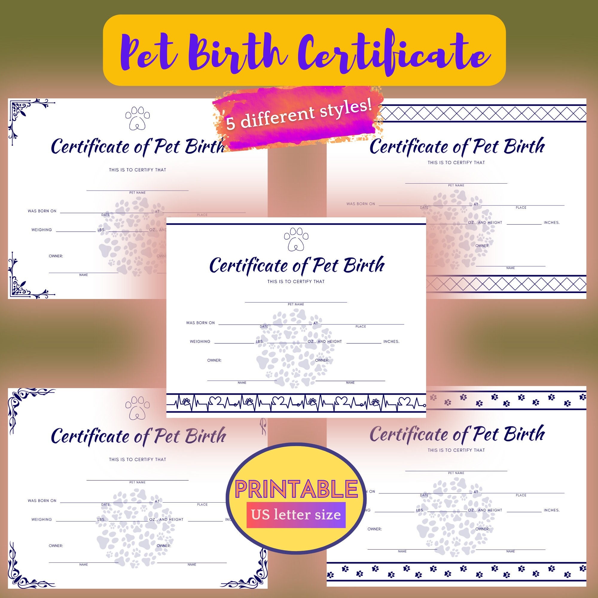 PRINTABLE Pet Birth Certificate, 5 Certificates for Dog's/cat's Record ...