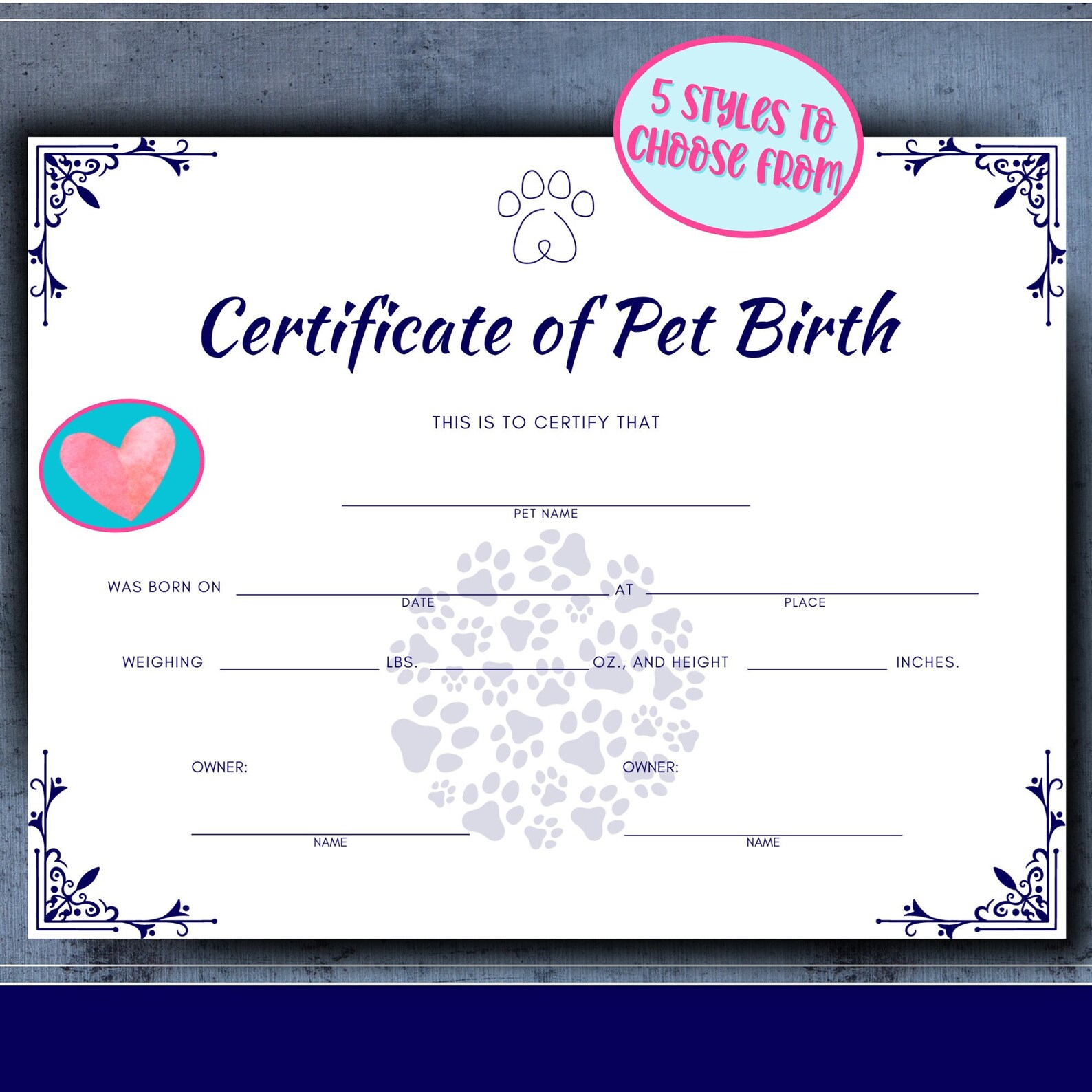 PRINTABLE Pet Birth Certificate, 5 Certificates for Dog's/cat's Record of Birth Print, Fill in ...