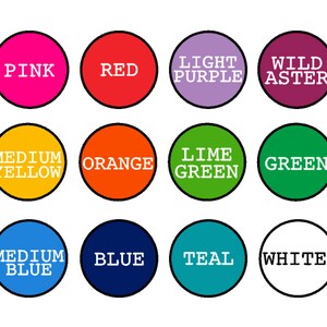 May include: A collection of twenty color swatches in a circular shape with black borders. Each circle contains a different color name in white text, including pink, red, orange, green, and blue.