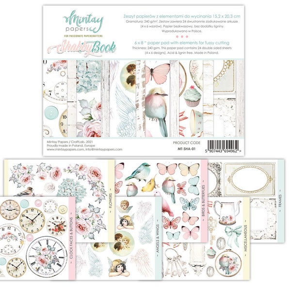 MINTAY 'Shabby Book', 6" x 8" paper pad with elements for fussy cutting, Ephemera, Shabby Chic, Scrapbooking, Cardmaking, Tags, Journals