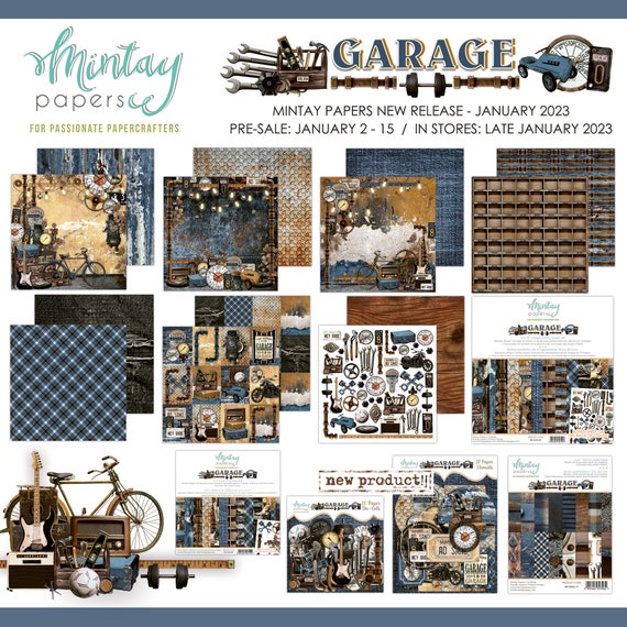 Mintay 'garage' 12 X 12 Scrapbooking Paper Set, Male, Garage, Gears, Tools,  Bike, Scrapbooking, Journaling, Cardmaking, Craft Projects, Tags 