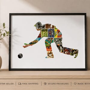 May include: A framed wall art print featuring a silhouette of a cricket bowler in a delivery motion. The silhouette is filled with a collage of vintage postage stamps depicting various cricket scenes. A small black cricket ball is visible.