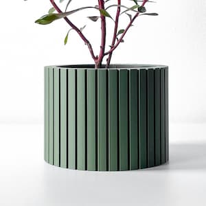 Peut inclure: Un pot de fleurs vert avec des lignes verticales, en matériau nervuré. Une petite plante aux tiges rouges pousse dans le pot.