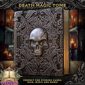 Death Magic Tome Book Dice Vault e Rolling Tray | Estojo magnético | Dungeons and Dragons | DnD | Jogo de RPG D&D | Recipiente de dados