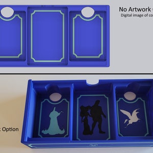 May include: A blue plastic box with three compartments. Each compartment has a cutout for a card. The box has a light blue trim around the edges. The top of the box has a white label that says "No Artwork Option" and "Digital image of colours used." The bottom of the box has a white label that says "Artwork Option". The compartments on the bottom of the box have artwork inside. The left compartment has a blue silhouette of a ghost. The middle compartment has a black silhouette of a man and woman. The right compartment has a white silhouette of a bird.