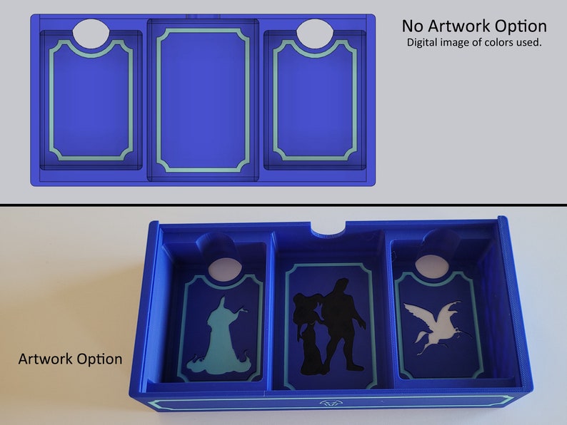 May include: A blue plastic box with three compartments. Each compartment has a cutout for a card. The box has a light blue trim around the edges. The top of the box has a white label that says "No Artwork Option" and "Digital image of colours used." The bottom of the box has a white label that says "Artwork Option". The compartments on the bottom of the box have artwork inside. The left compartment has a blue silhouette of a ghost. The middle compartment has a black silhouette of a man and woman. The right compartment has a white silhouette of a bird.
