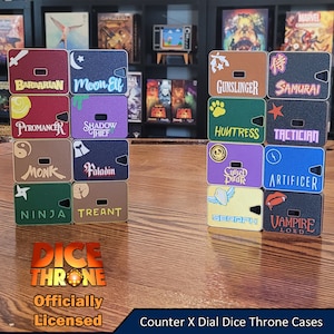May include: A collection of Dice Throne character cases, each featuring a different design and character name. The cases are in various colours, including red, brown, green, and purple. The text "Dice Throne" and "Officially Licensed" are visible.