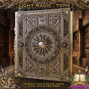 Light Magic Tome Book Dice Vault e Rolling Tray | Estojo magnético | Dungeons and Dragons | DnD | Jogo de RPG D&D | Recipiente de dados