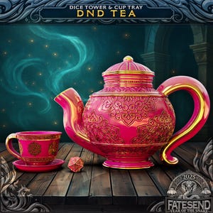 May include: A pink and gold teapot with intricate designs, a matching teacup and saucer, and a single die on a wooden surface. The text "DND TEA" is visible above the teapot.