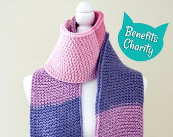 Pink, Lilac, and Purple Handmade Knit Scarf | Multicolor Winter Scarf | Long Color Block Scarf | Donation to Animal Rescue Included