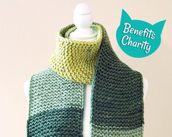 Green Handmade Knit Scarf | Color Block Scarf | Long Knitted Scarf  | St. Patrick's Day Scarf | Donation to Animal Rescue Included