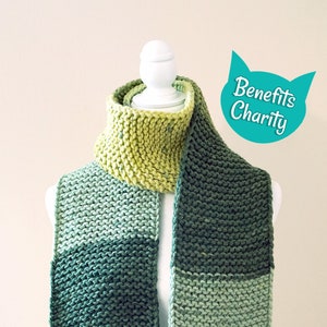 Handmade Knit Scarf with Green Stripes, Long Winter Scarf in Lime Cream, Unisex Scarf for St. Patricks Day | 10% Donated to Animal Charities