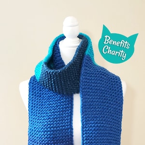 Winter Scarf with Dark Blue & Aqua Color Blocks, Long Handmade Knit Scarf for Adults, Unisex Acrylic Scarf | 10% Donated to Animal Charities
