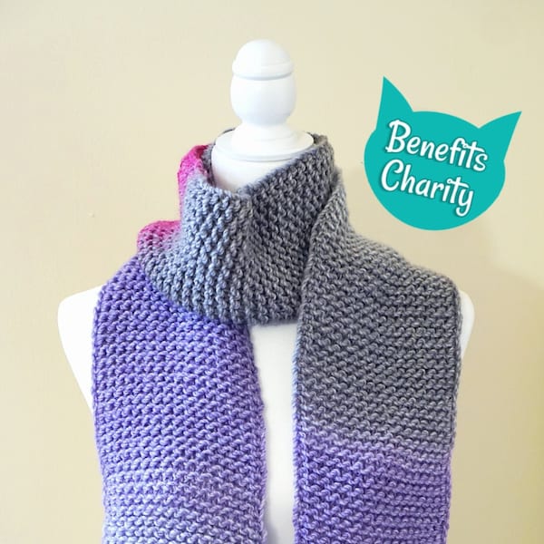 Purple, Hot Pink, and Gray Knit Scarf | Soft Handmade Variegated Scarf | Multicolor Knitted Scarf | Donation to Animal Rescue Included