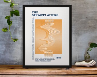 May include: Framed poster with the text "THE STRAWPLAITERS" in navy blue. The poster features an orange and white wavy design and the text "KENDWORTH ROAD SATURDAY 3PM" in navy blue. The year "1885" is also displayed.