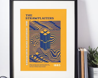 May include: Framed poster with a black border. The poster has a yellow background with blue and yellow wavy lines and a blue geometric shape. Text includes "THE STRAWPLAITERS" and "KENILWORTH ROAD SATURDAY 3PM".