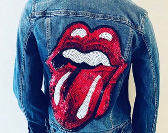 ROLLING STONES TONGUE Sequins Patch Jean Jacket