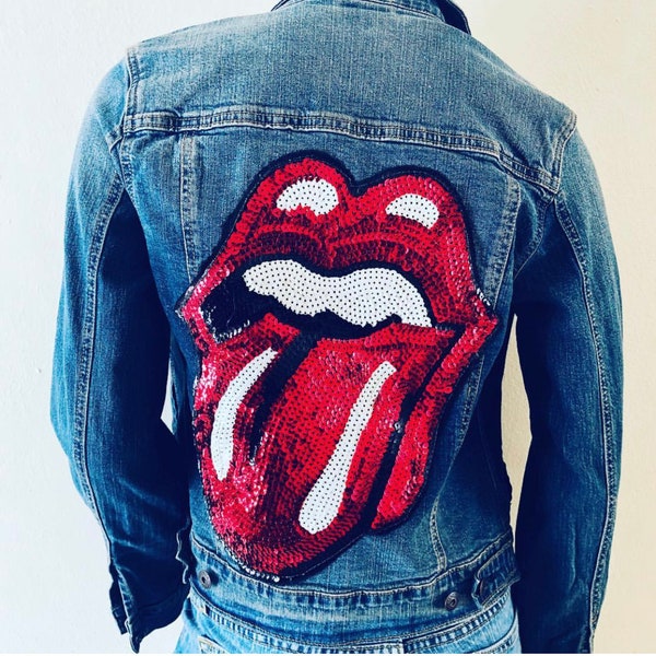 ROLLING STONES TONGUE Sequins Patch Jean Jacket