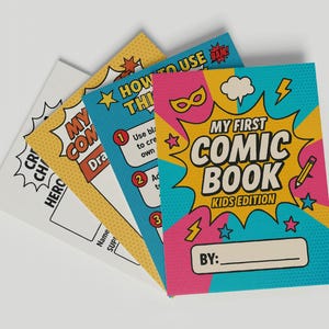 May include: A set of four comic book themed paper pads. The top pad is blue, yellow, and pink with the text "My First Comic Book Kids Edition" and "By:". The other three pads are yellow and orange with instructions on how to create a comic book.