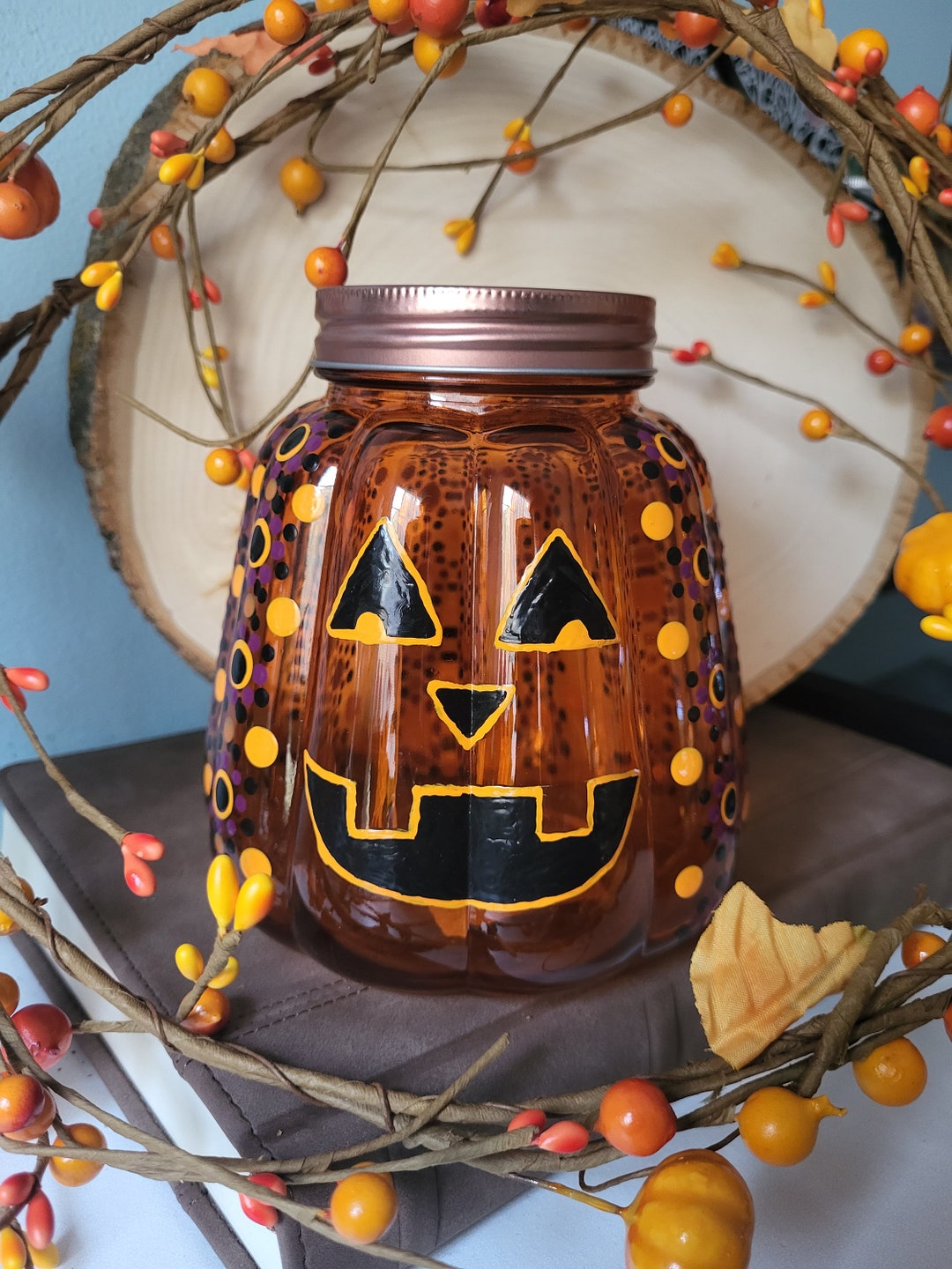 Jackolantern Pumpkin Glass Jar Hand Painted Etsy