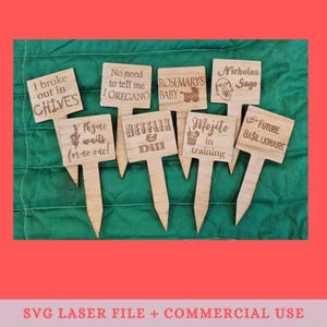 May include: Nine wooden plant markers with laser-engraved text. The markers feature humorous phrases like "I broke out in chives", "Rosemary's Baby", "Netflix & Dill", and "Mojito in training".