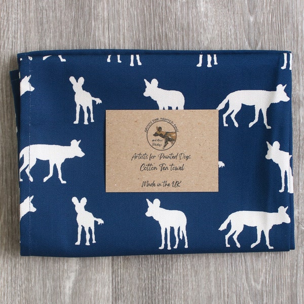 Painted Dog Tea Towel, Cotton wildlife kitchen towel, African Wild Dog linen, Kitchen decor, 4 colours available