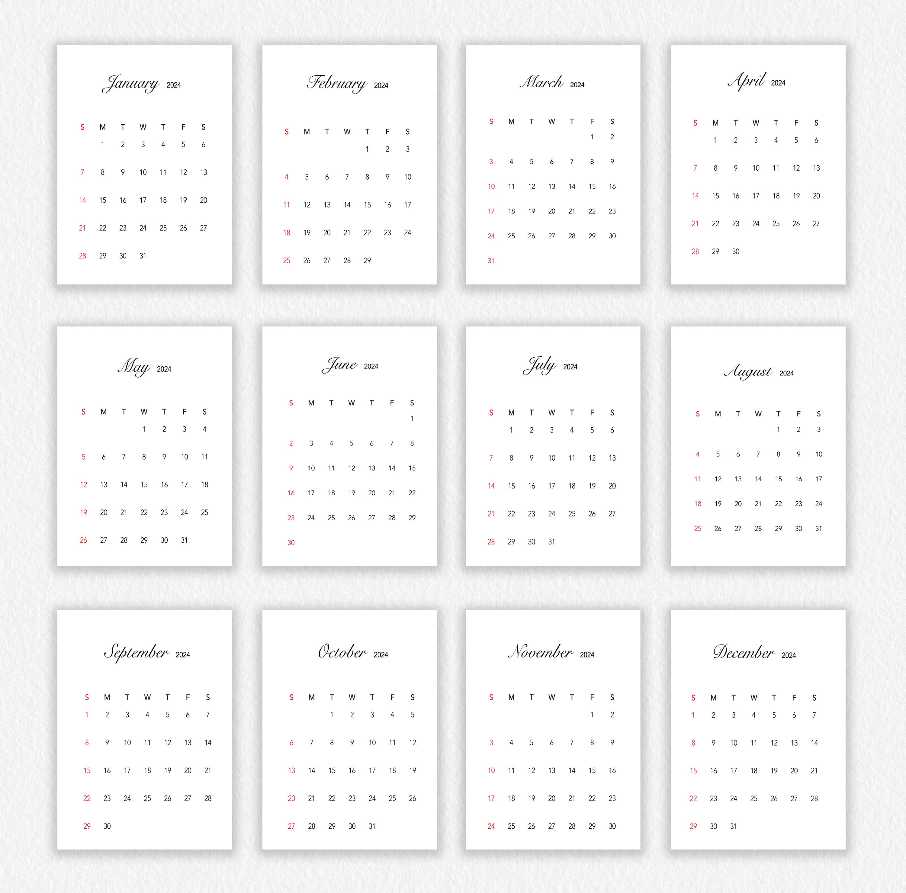 2024 Calendar Printable Desk Calendar Monthly Simple Wall Etsy