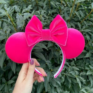 Hot Pink Velvet Minnie Mouse Ears, Barbie Mouse Ears, Girls Mouse Ears - W/ Comfortable Headband Option for Headaches and Migraines