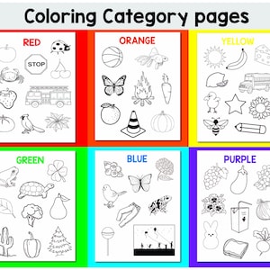 May include: A coloring page with six different color categories: red, orange, yellow, green, blue, and purple. Each category has a set of black and white illustrations of objects that are typically associated with that color. For example, the red category includes a stop sign, an apple, and a fire truck.