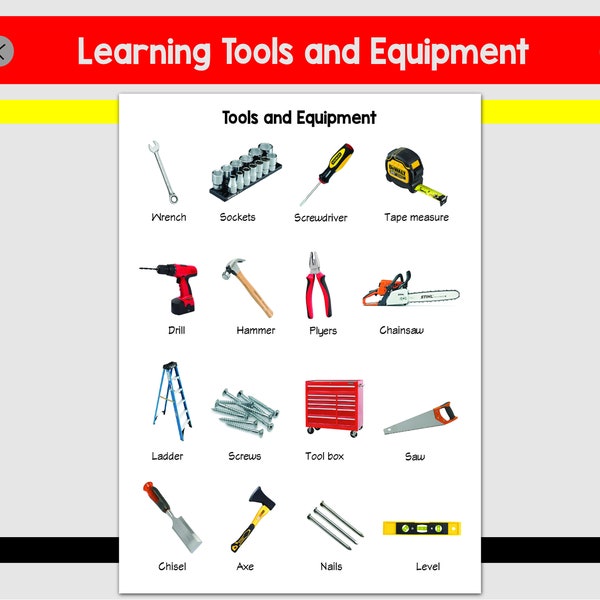 Tools and equipment learning digital download, tool pictures, kids learning page, realistic photo learning for toddlers, learning tools