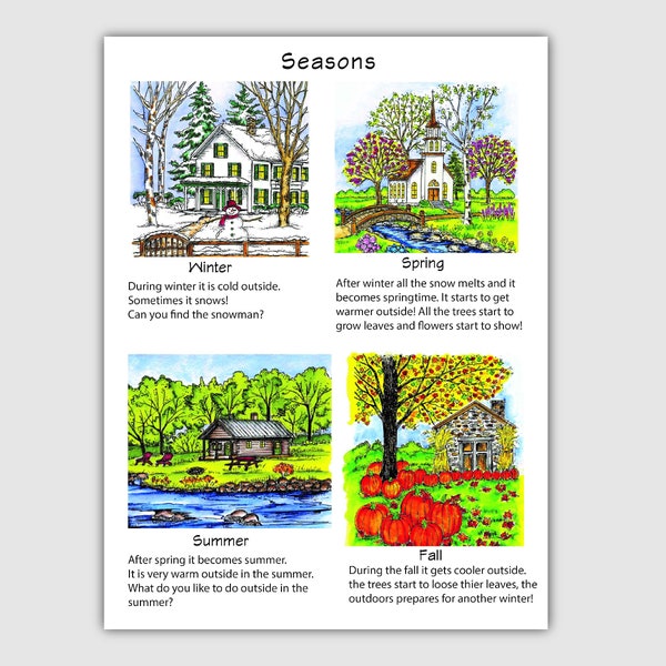 Learning about seasons digital download printout, toddler learning, winter, spring, summer, fall, teaching the seasons, learning pages, kids