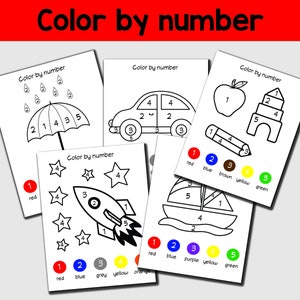 May include: A collection of five "Color by Number" activity sheets. Each sheet features a different image, including an umbrella, car, apple, rocket, and sailboat, with numbered sections and a color key.