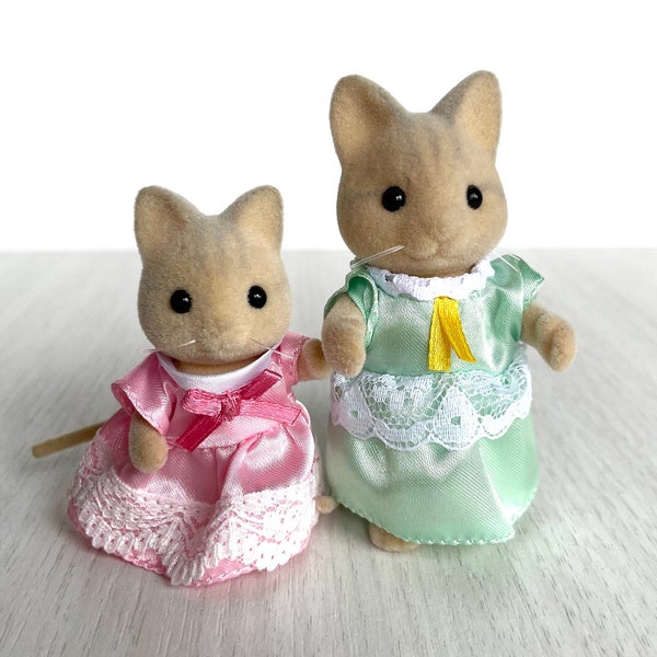 Sylvanian Families rare vintage ivory cats with new fancy silk and lace dresses, gorgeous discontinued cream colored cats with grey stripes