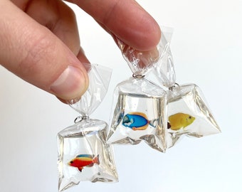 Miniature Fish in Clear Plastic Bag, Dollhouse Decor, DIY Crafting, Sylvanian Families Accessory and necklace pendant. Clear Resin