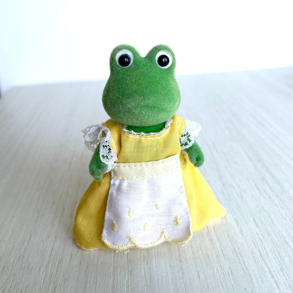 Grenouille sylvestre, maman vintage grenouille taureau Algernon, adulte grenouille calicot bestioles avec robe jaune originale et tablier en dentelle, objets de collection