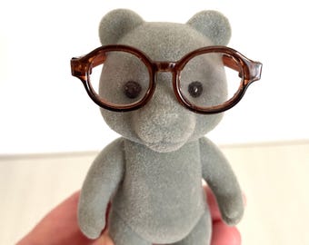 Miniature bear figurine, Grey forest animal, Vintage bear adult 1985 Tomy Sylvanian Families Evergreen Bear wearing glasses