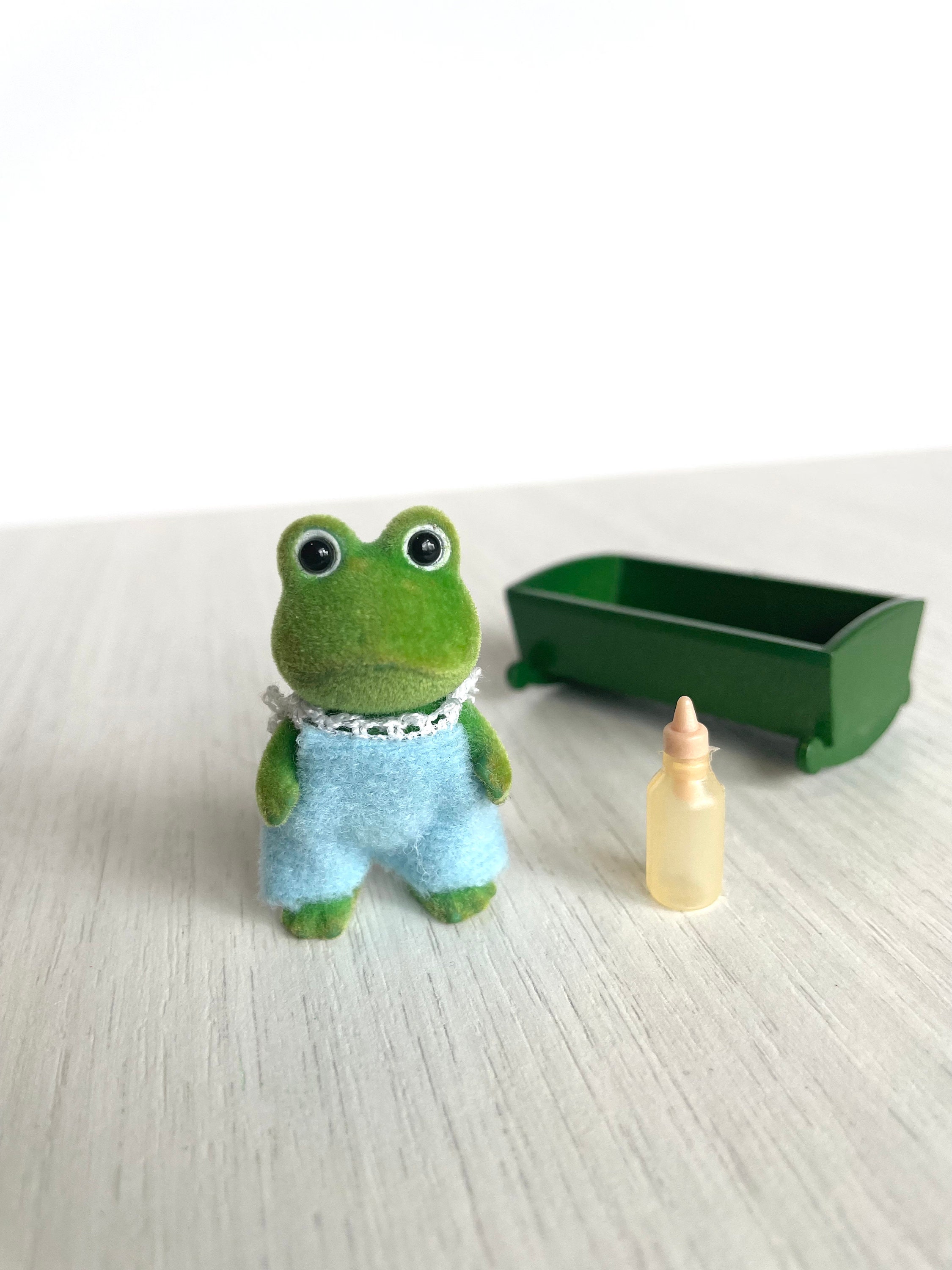 Sylvanian Baby Frog With Green Crib and Bottle, in Good Vintage