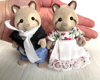 Vintage Mulberry Raccoon Grandparents Collectible figures -Cute Animal Family Figurines - Soft Animal dollhouse characters