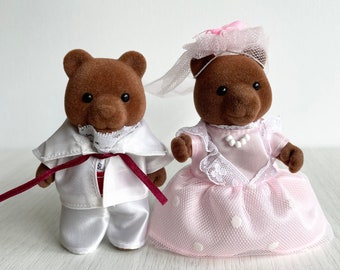 Vintage Sylvanian Families Timbertop Bride and Groom Bears in Woodland Wedding Outfits, Calico Critters, From a Collector, ternurines
