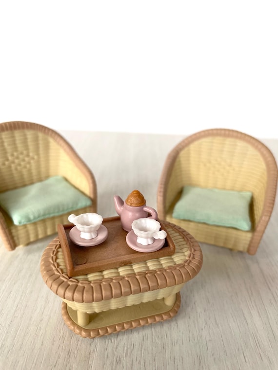 Calico Critters Conservatory Living Room Wicker Furniture Vintage and Hard to Find Chairs With Table and Teacups With Teapot and Tray Etsy