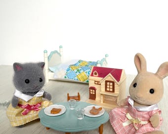 Miniature Calico Critters dollhouse and girl's bedroom set with blue bed, tea time party table & grey Persian cat girl + sweet pea rabbit