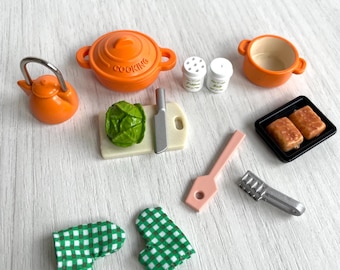 Rare orange Sylvanian Families Kitchen Cooking Set orange pots, pans, kettle, oven mitts, spatula, tongs, knife, salt and pepper and more!