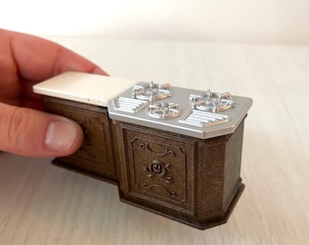 Dark brown ornate Calico Critters kitchen cabinet with chrome cooktop stove, oven replacement miniatures furniture for dollhouse