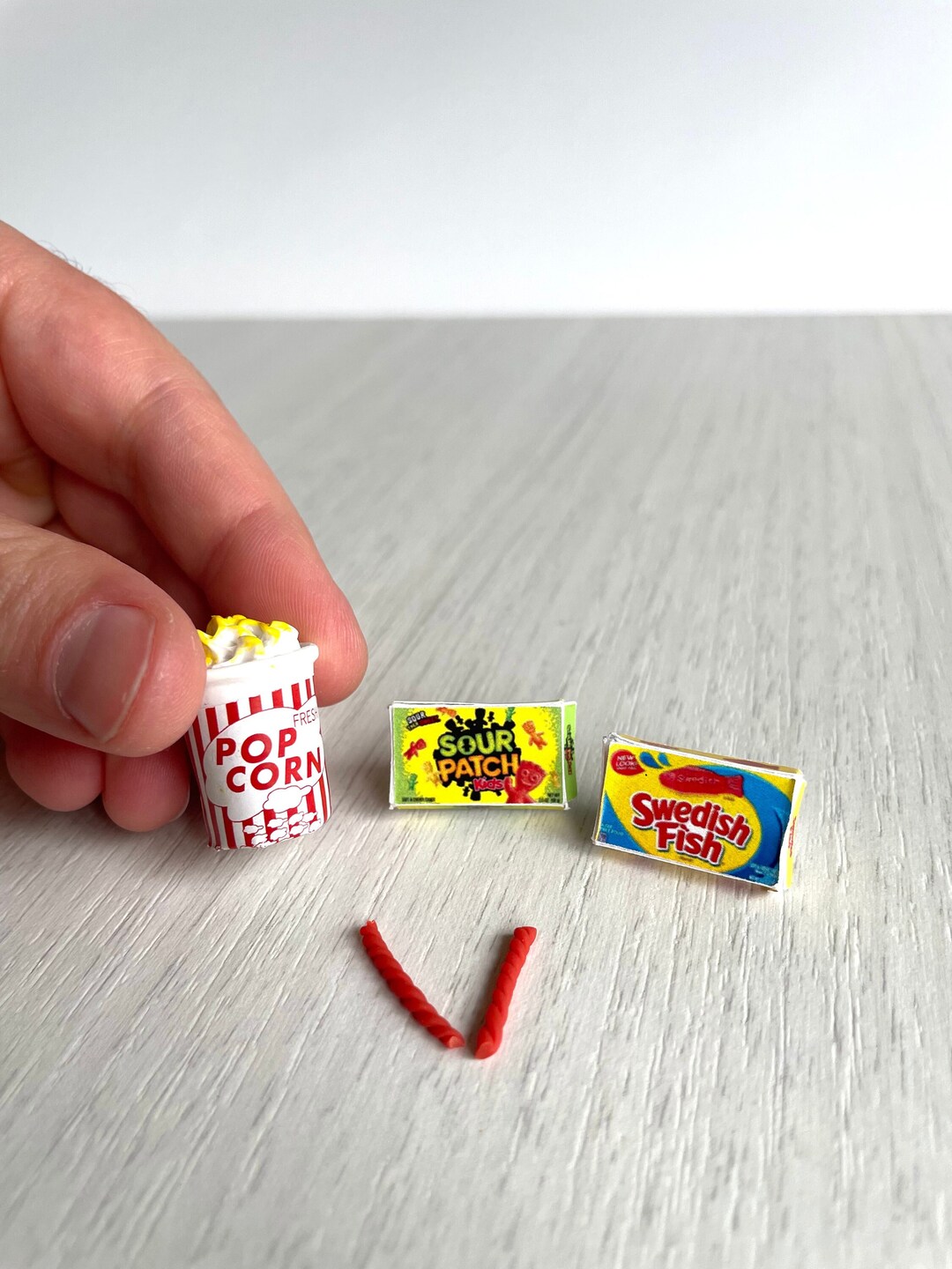 Miniature movie snacks, popcorn, Red Vines, Sour patch Kids, Swedish Fish, Calico Critters food