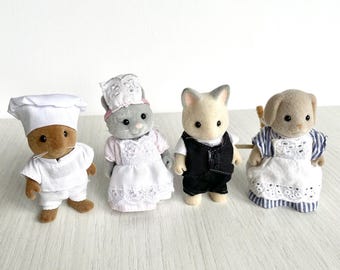 Sylvanian Families Vintage Basil chef brown hazelwood mouse, Mr Cheshire grand hotel butler, Mrs Basset housekeeper, Simpkins Cat maid
