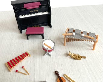 Calico Critters school band set instruments, you pick! Vintage Sylvanian families black piano, drum, xylophone, flute, trumpet, glockenspiel