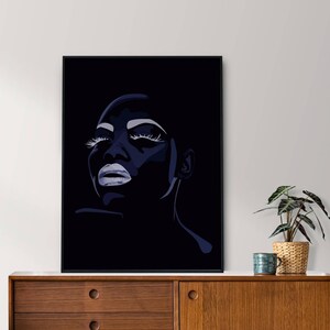 May include: A black and white digital art print of a woman's face with her eyes closed. The background is black.