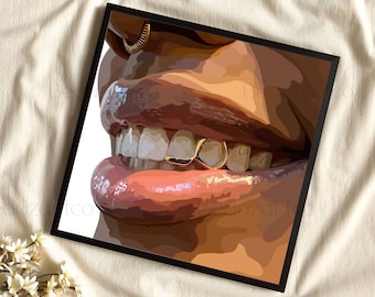 Puede incluir: Primer plano de la boca de una persona con dientes de oro. La persona lleva un aro de nariz de oro. Los labios son carnosos y los dientes son blancos.