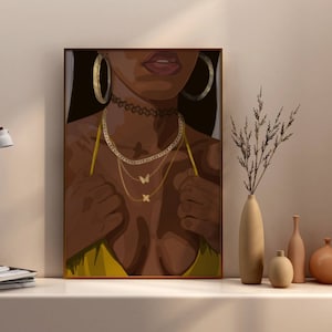 Schwarzes Frauenportrait mit Schmuck, Afro-Kunst, abstrakte Kunst, digitale Malerei, Wanddekoration, hochwertige digitale Kunst zum Drucken